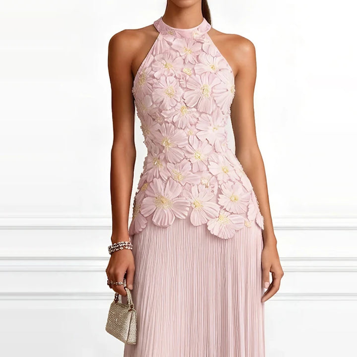 Pink floral halter dress bodice close up