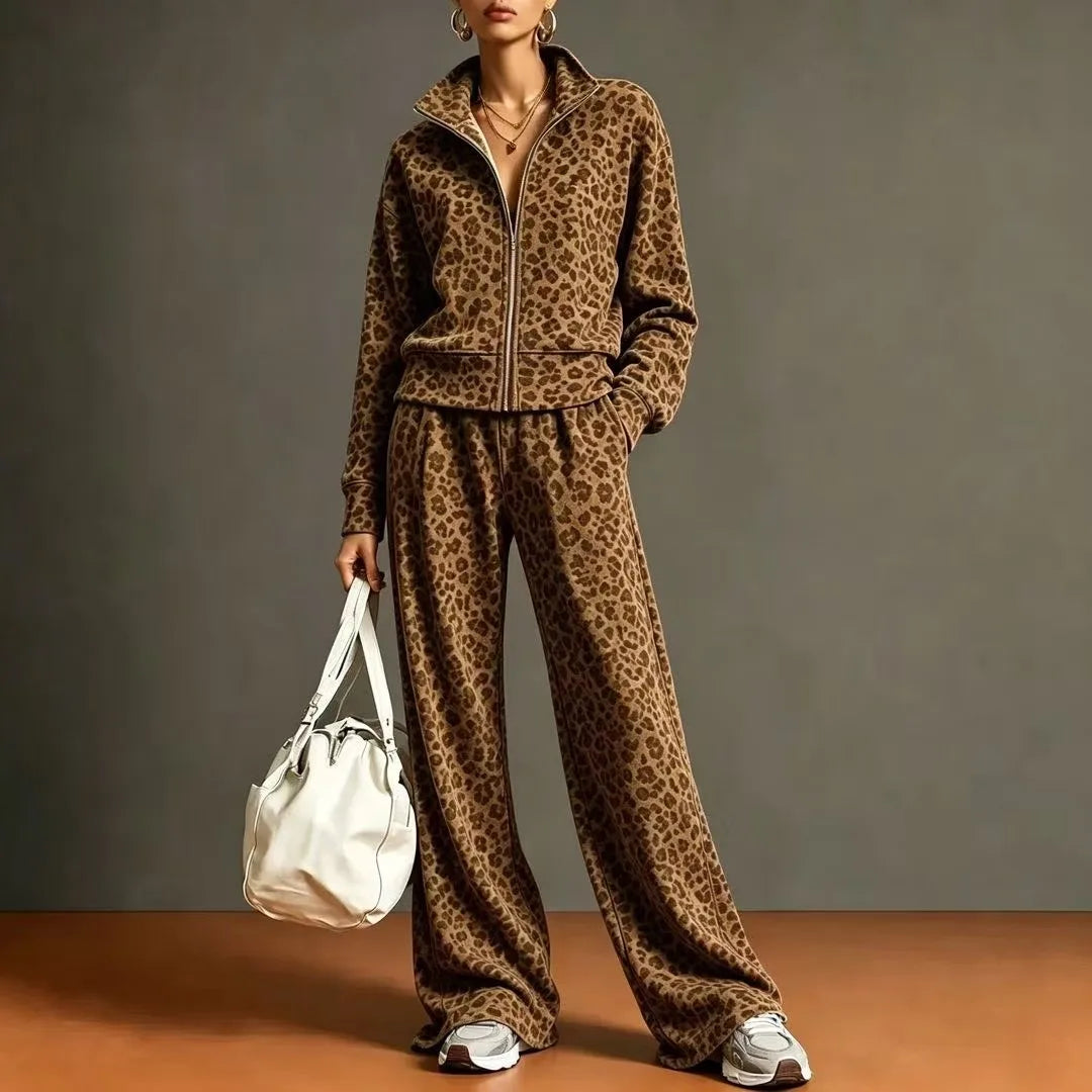 Woman wearing brown leopard print zip jacket and wide leg pants set