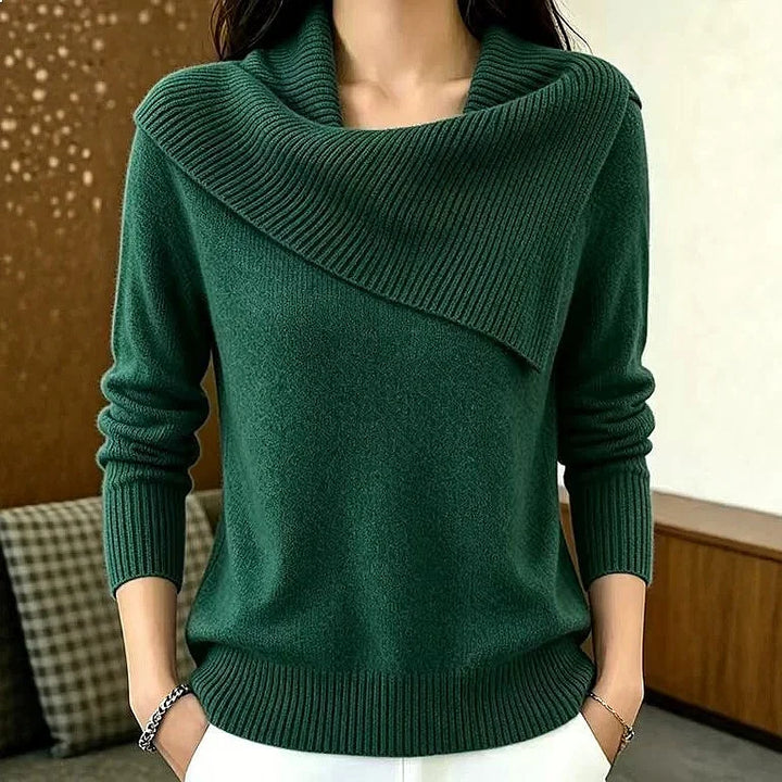 Dark green sweater with asymmetric foldover ribbed collar, front view