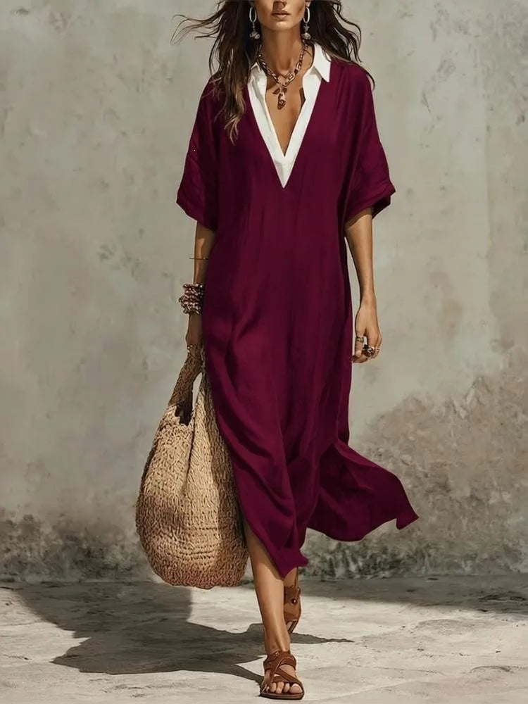 Chloe Bohemian Deep V Short Sleeve Maxi Dress