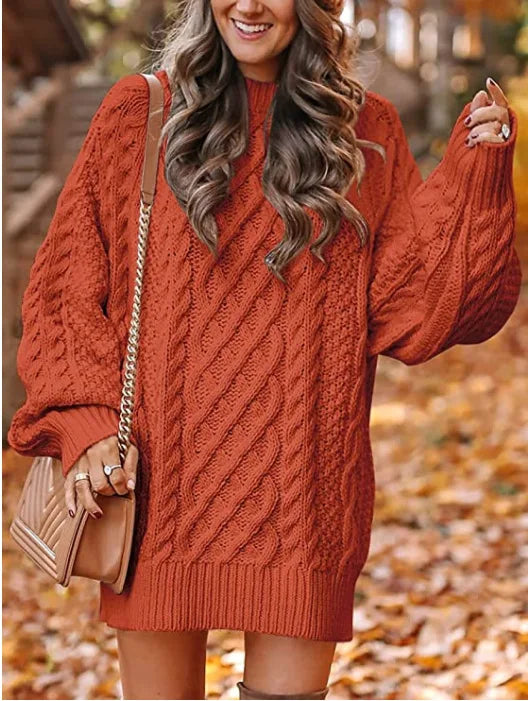 Orange red cable knit sweater dress close up