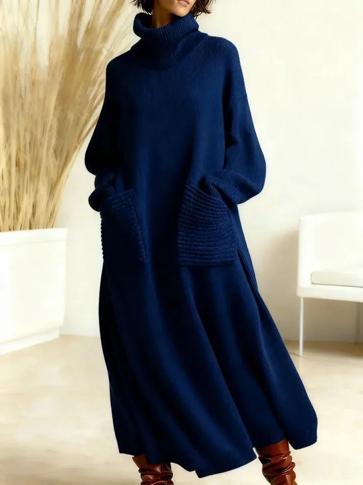 Navy blue turtleneck sweater dress with pockets, front view