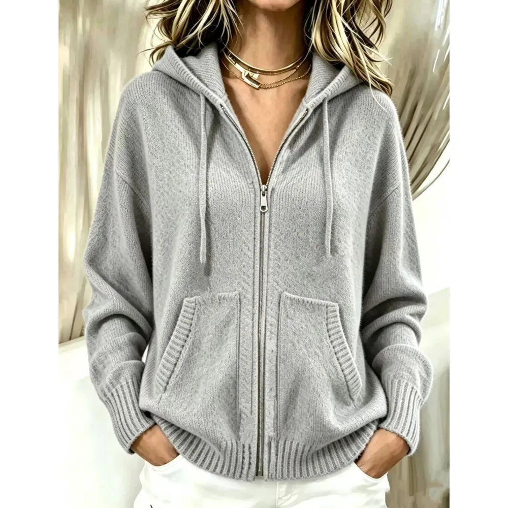 Gray zip-front knit hoodie with drawstring hood and pockets