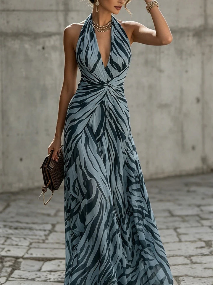 Blue zebra print halter maxi dress front view