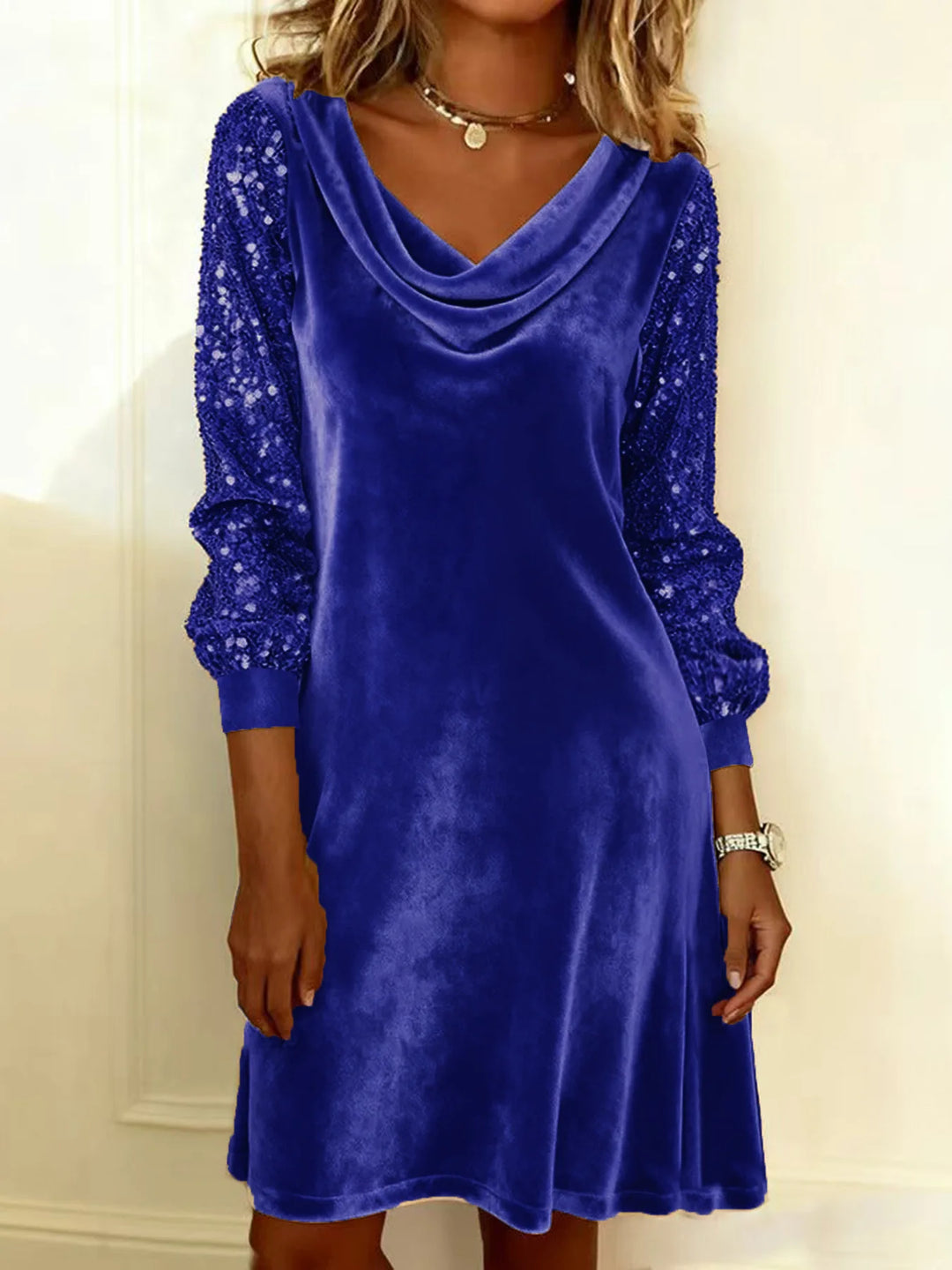 Blue velvet dress with sequin sleeves and cowl neckline, front view