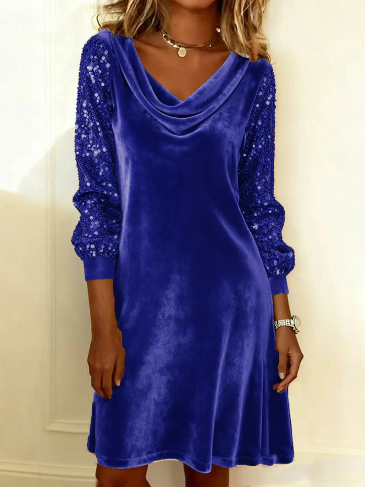 Blue velvet dress with sequin sleeves and cowl neckline, front view