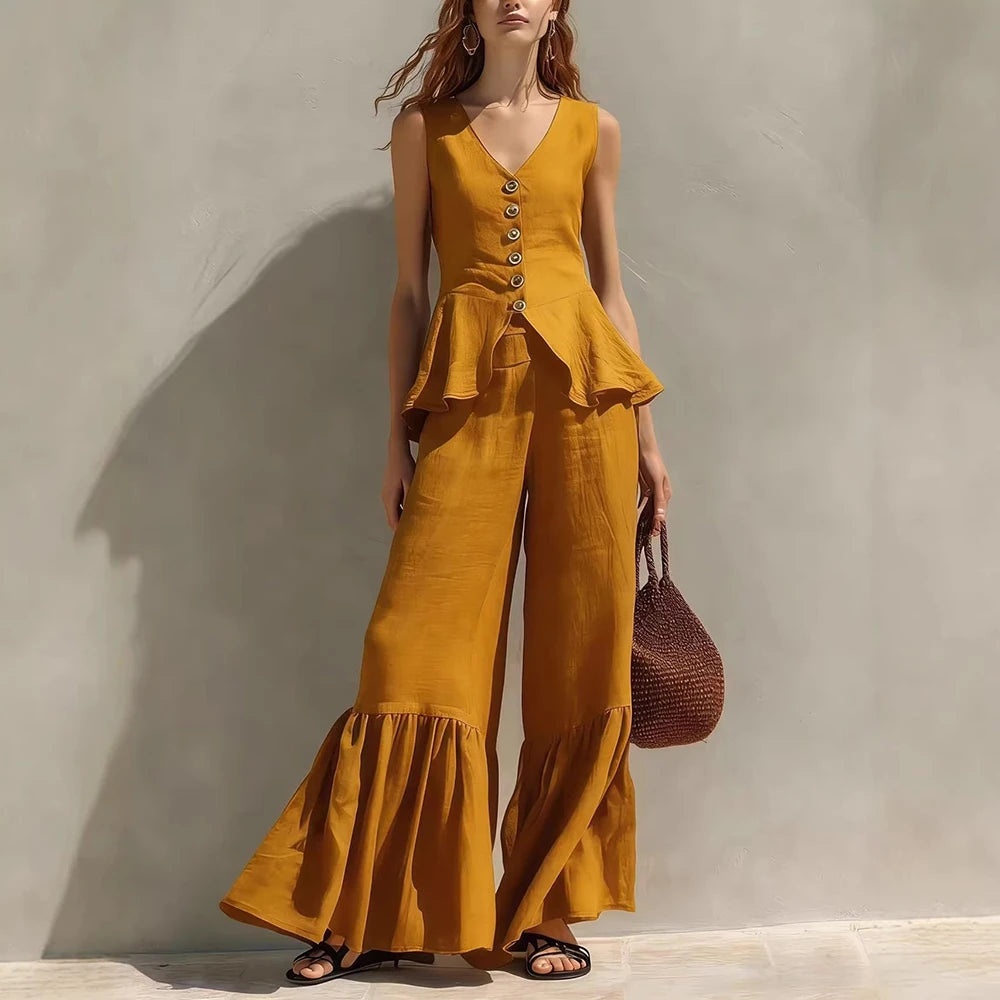 Eleanor Sleeveless Ruffle Trim Wide Leg Pants Set