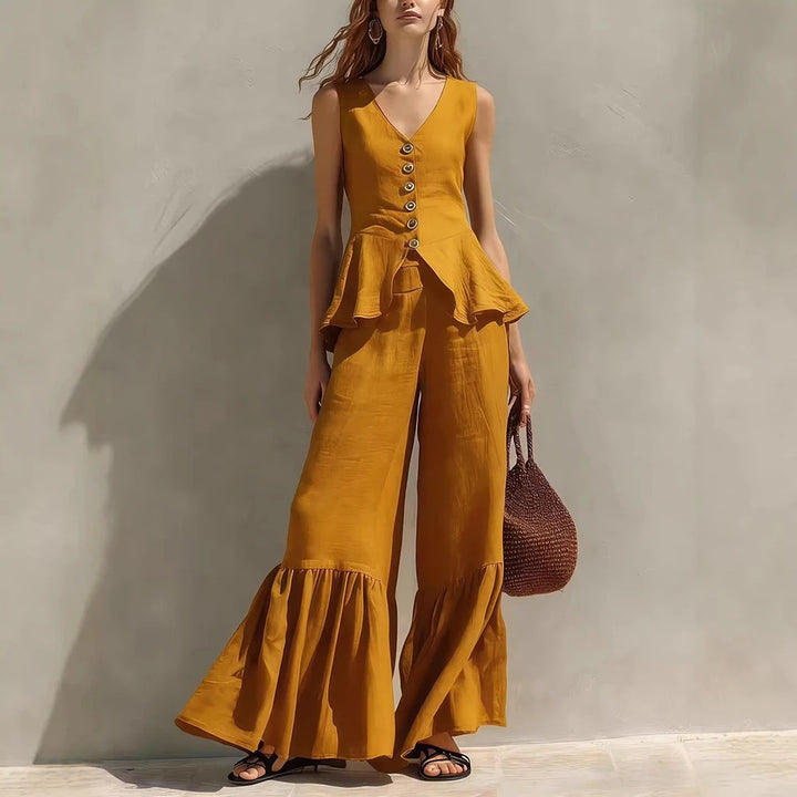 Eleanor Sleeveless Ruffle Trim Wide Leg Pants Set