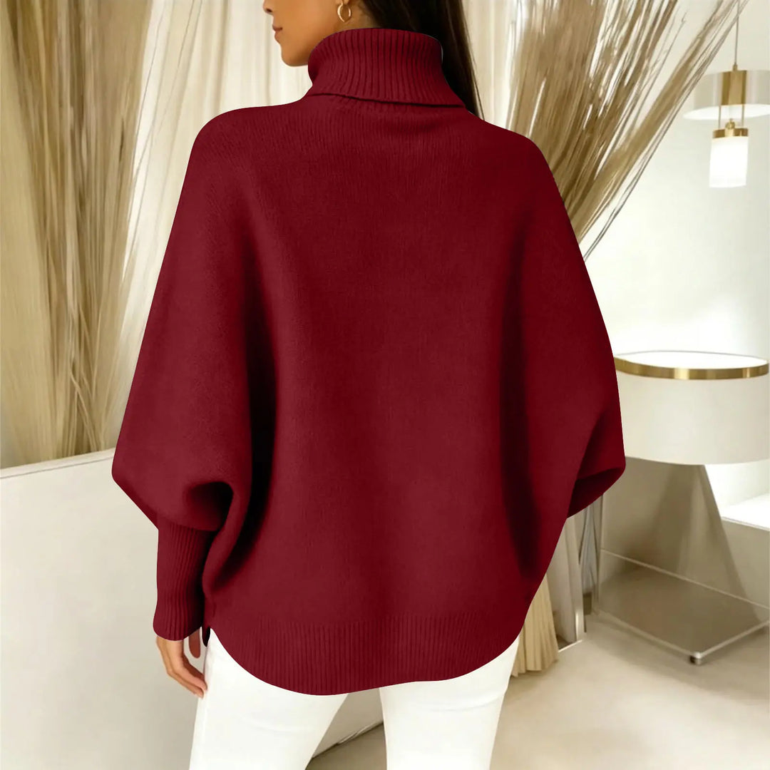Back view of woman wearing wine turtleneck sweater