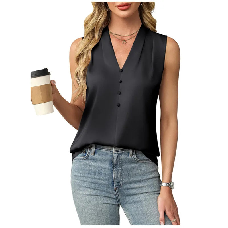 Lilianna Sleeveless Satin V Neck Blouse