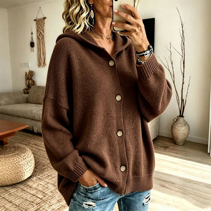 Woman wearing coffee brown hooded knit cardigan with button front