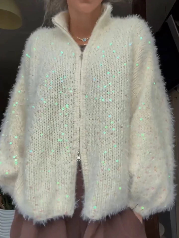 Apricot fuzzy sequin cardigan with zip front