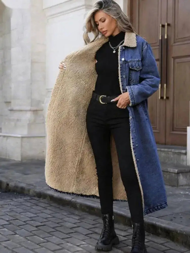 Blue denim long coat open showing sherpa fleece lining