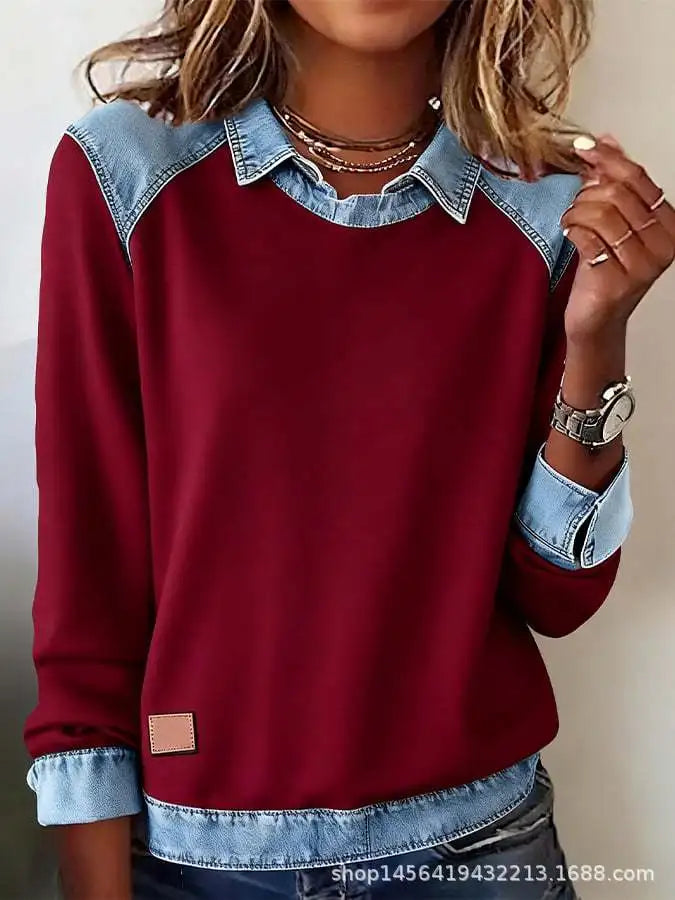 Red denim-collar pullover with raglan sleeves