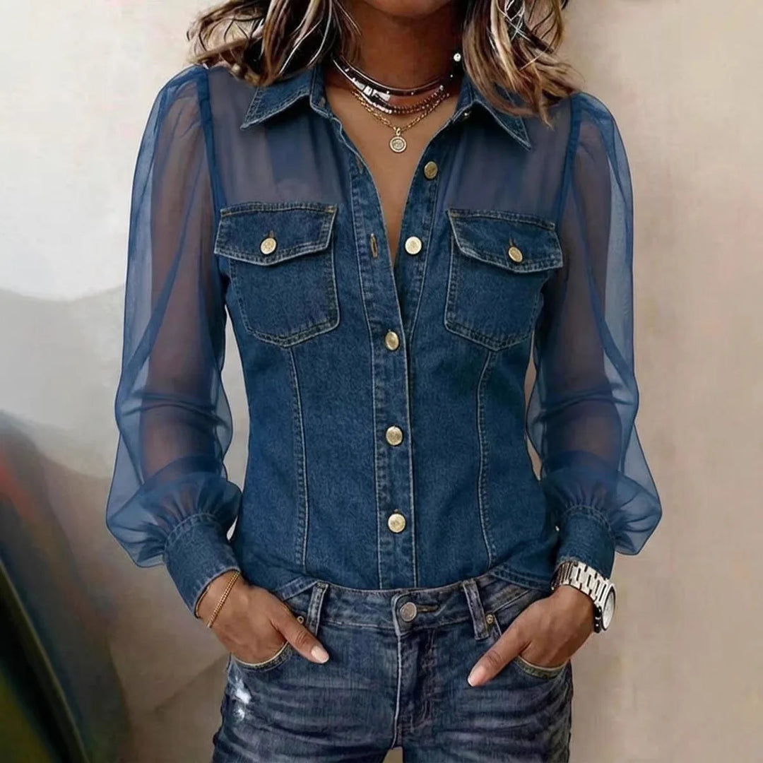 Cambria Sheer Sleeve Denim Blouse