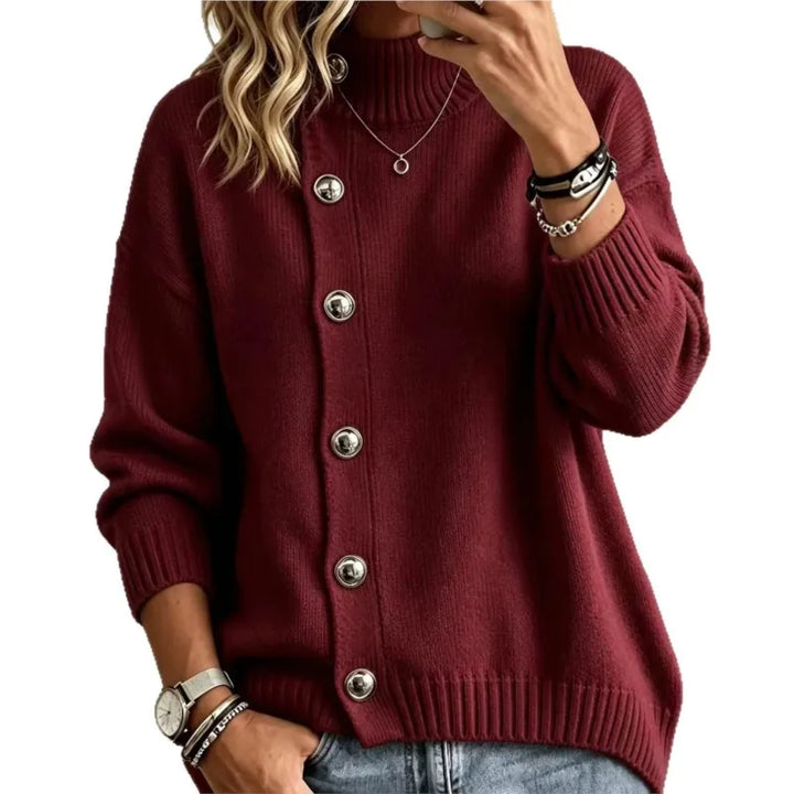 Woman wearing burgundy button front mock turtleneck sweater