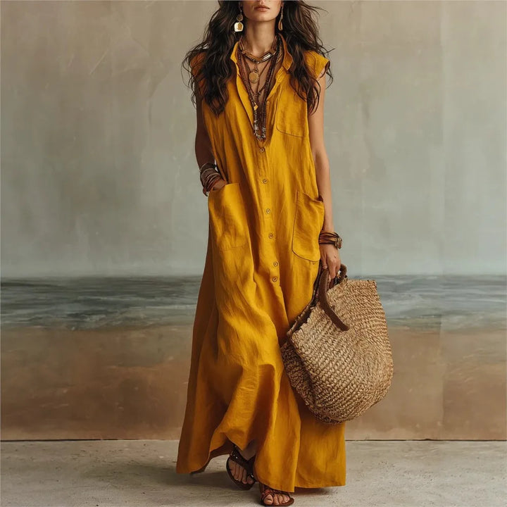 Reese Bohemian V Neck Casual Linen Maxi Dress
