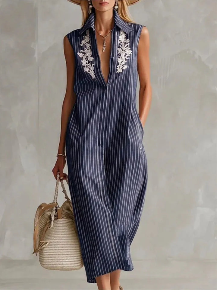 Rona Striped V Neck Midi Shirt Dress