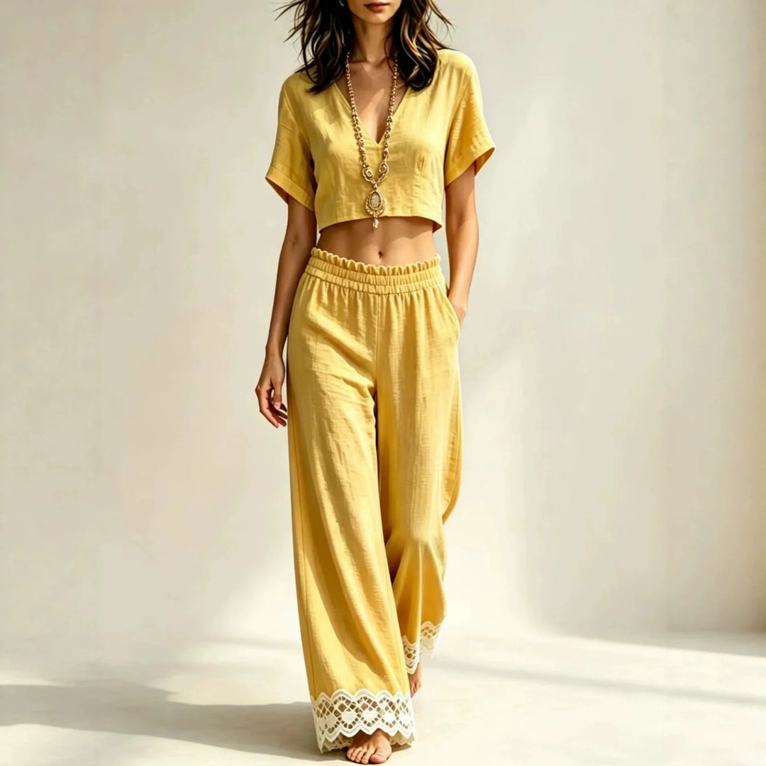 Maristelle Cropped Top Lace Detail Pants Set