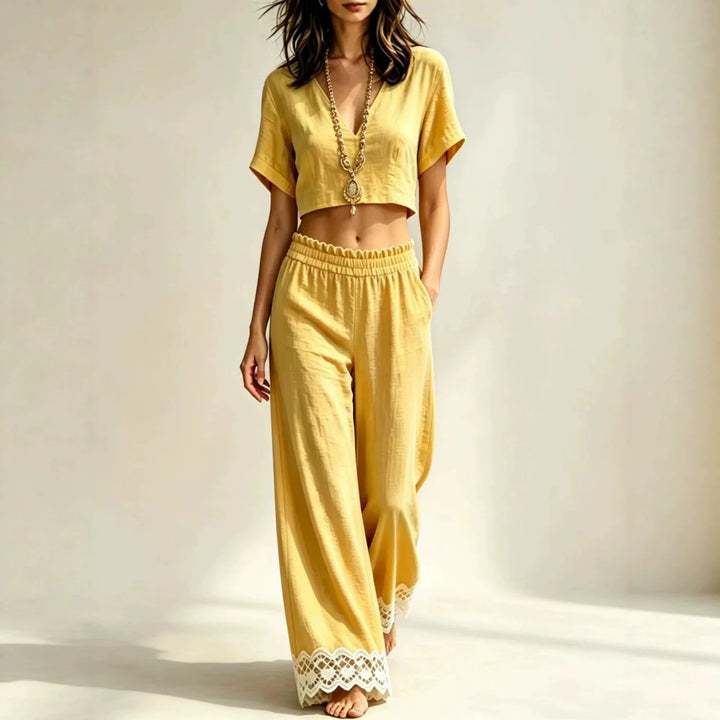 Maristelle Cropped Top Lace Detail Pants Set