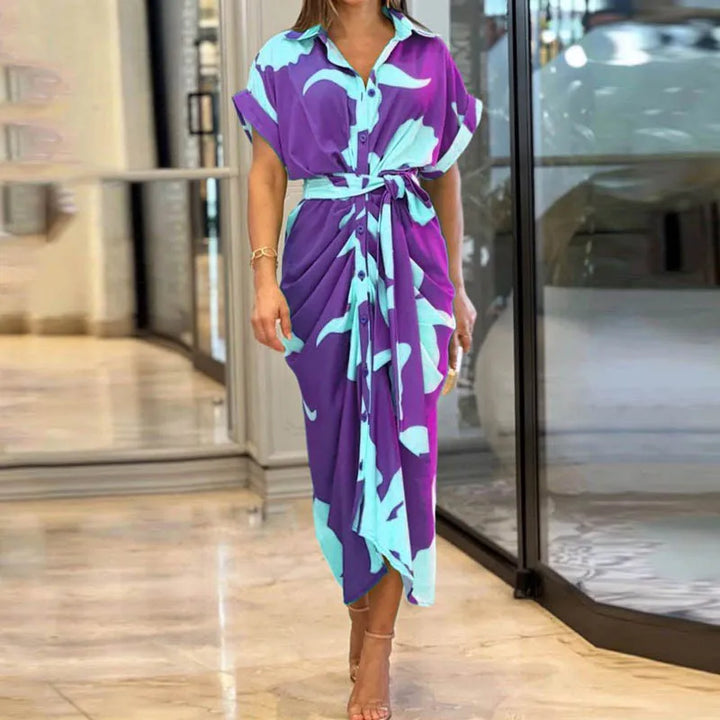Rose Printed Tie Waist Shirt Midi Dress