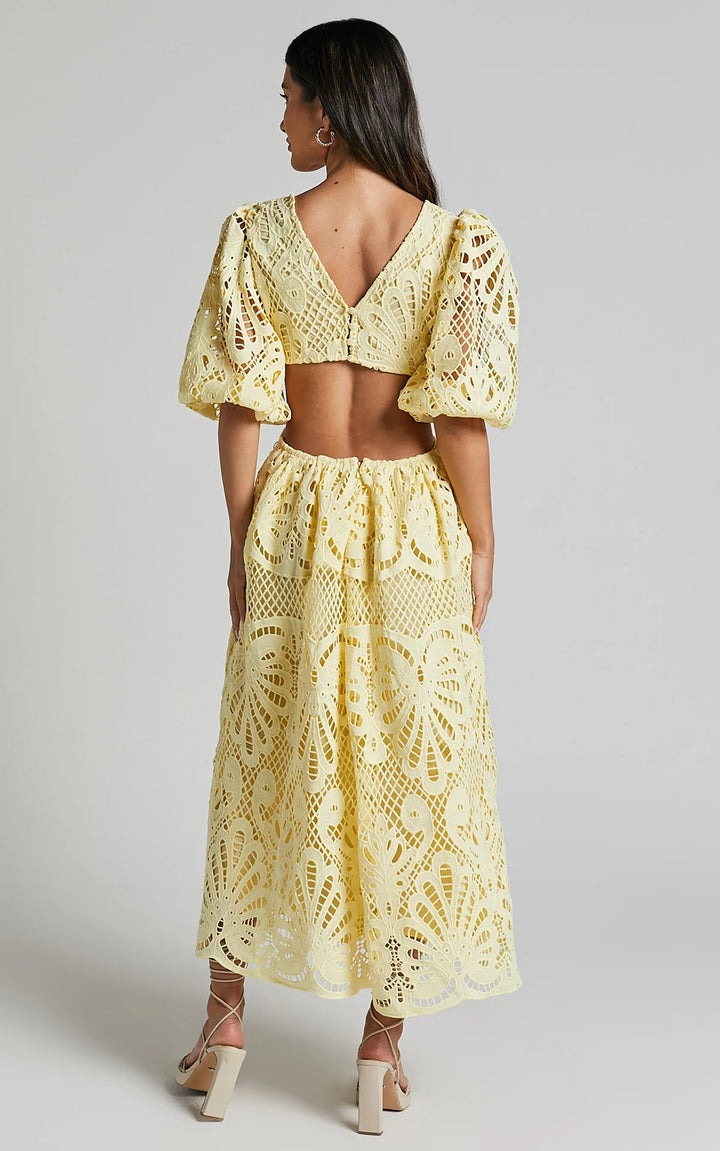 Vera Puff Sleeve Embroidered Lace Midi Dress