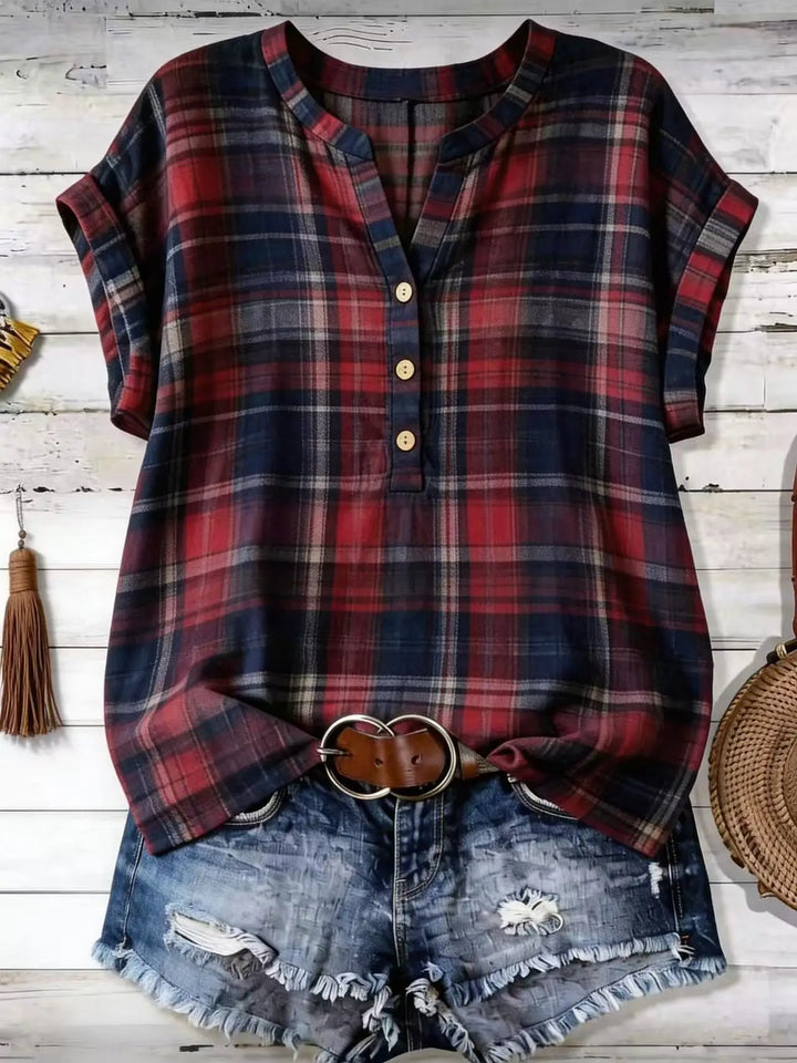 Daphne Plaid V Neck Loose Fit Blouse