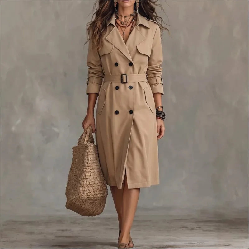 Woman wearing khaki double breasted trench coat with waist belt, full length front view