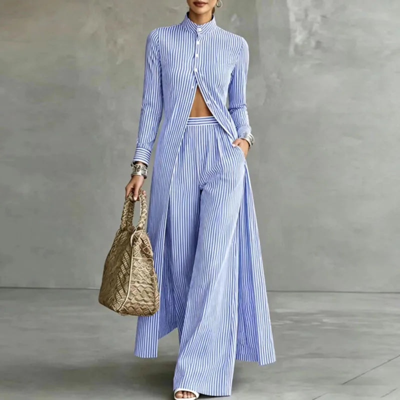 Woman wearing blue striped two piece set with wide leg pants