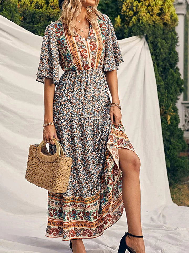 Elara Flowy Boho Print V Neck Maxi Dress
