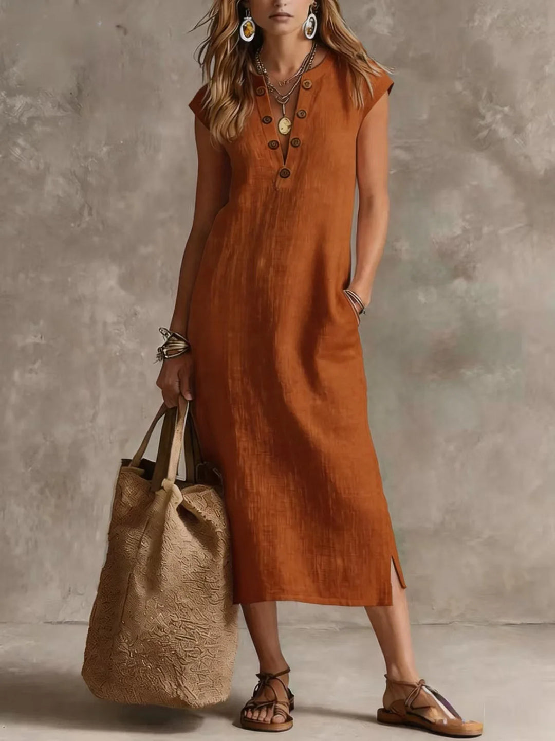 Sadie Relaxed V Neck Button Front Midi Dress