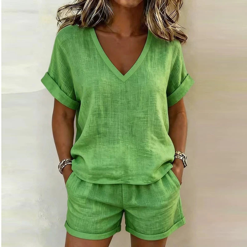 Bellamy Casual Linen V Neck Shorts Set
