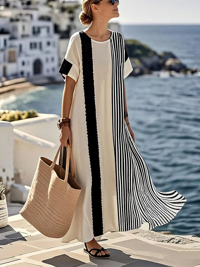 Marina Striped Short Sleeve Flowing Maxi Dress