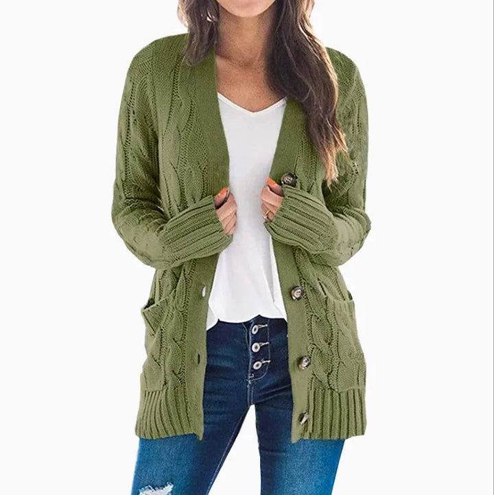 Woman wearing army green cable knit cardigan
