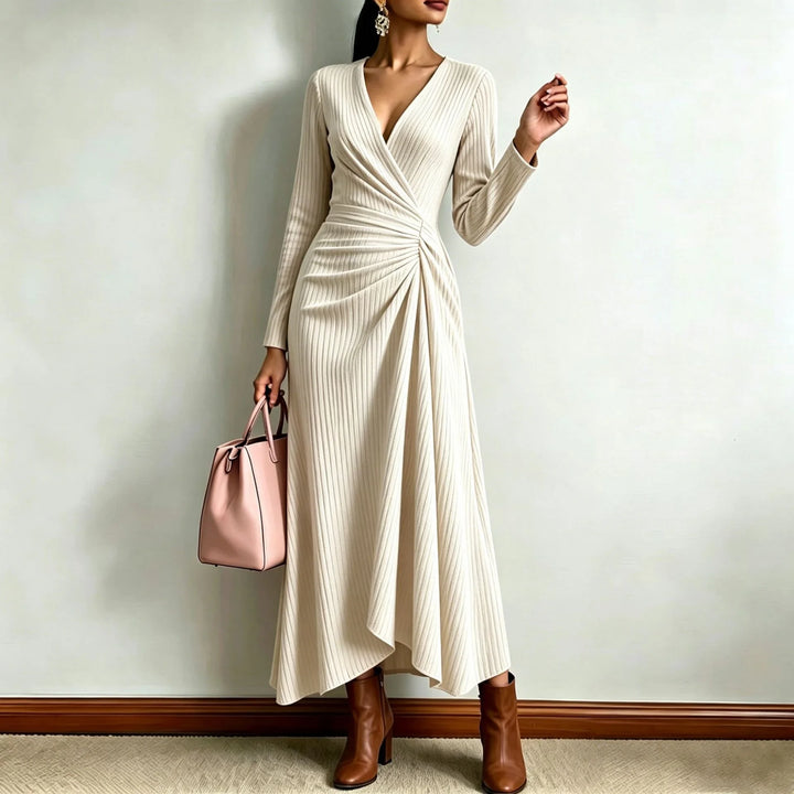 Apricot ribbed knit wrap dress, close up front view with handbag
