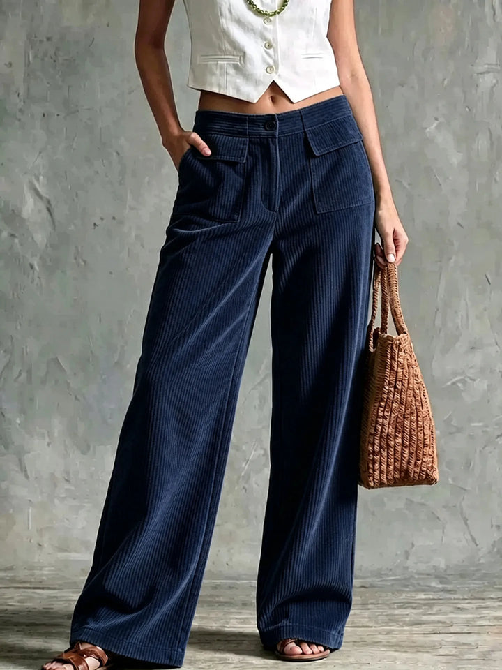 Navy corduroy wide leg pants front detail view