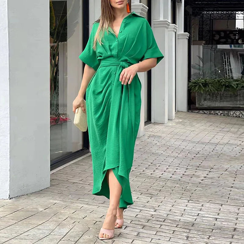 Rose Printed Tie Waist Shirt Midi Dress