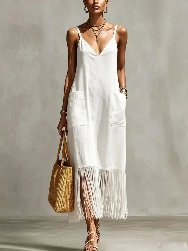 Aveline Tassel Hem V Neck Midi Dress