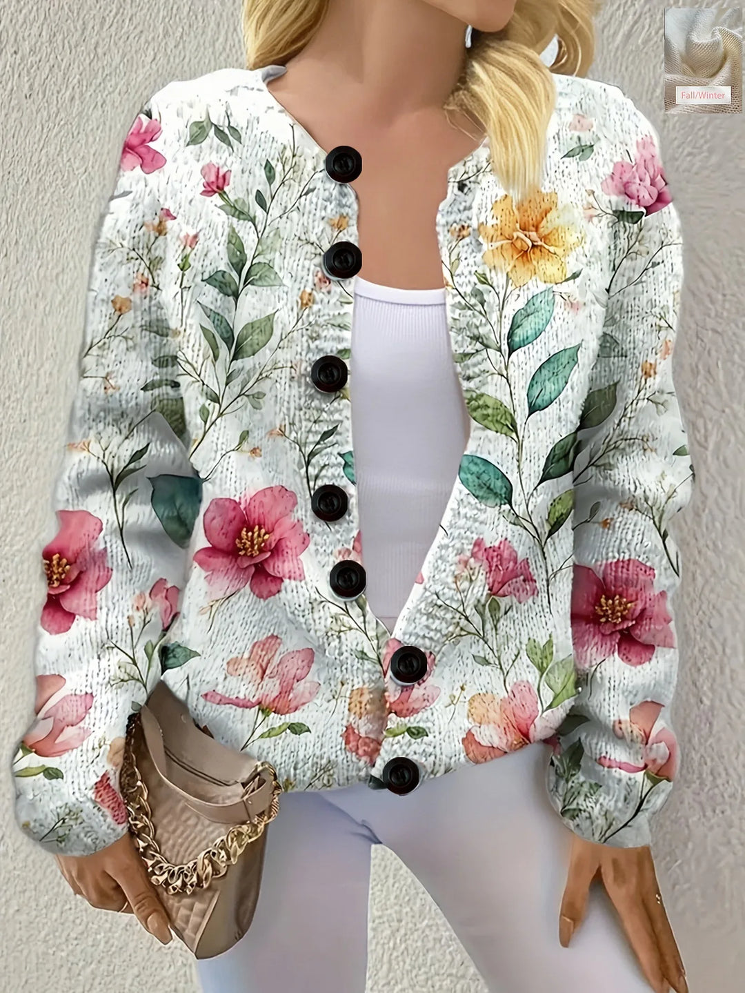 White floral print button-down knit cardigan, front view