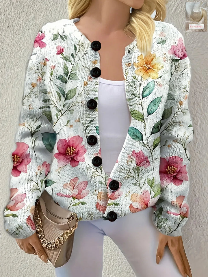 White floral print button-down knit cardigan, front view