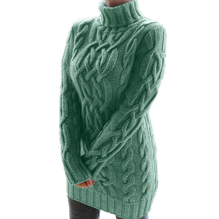 Green cable knit turtleneck sweater dress, front angled view