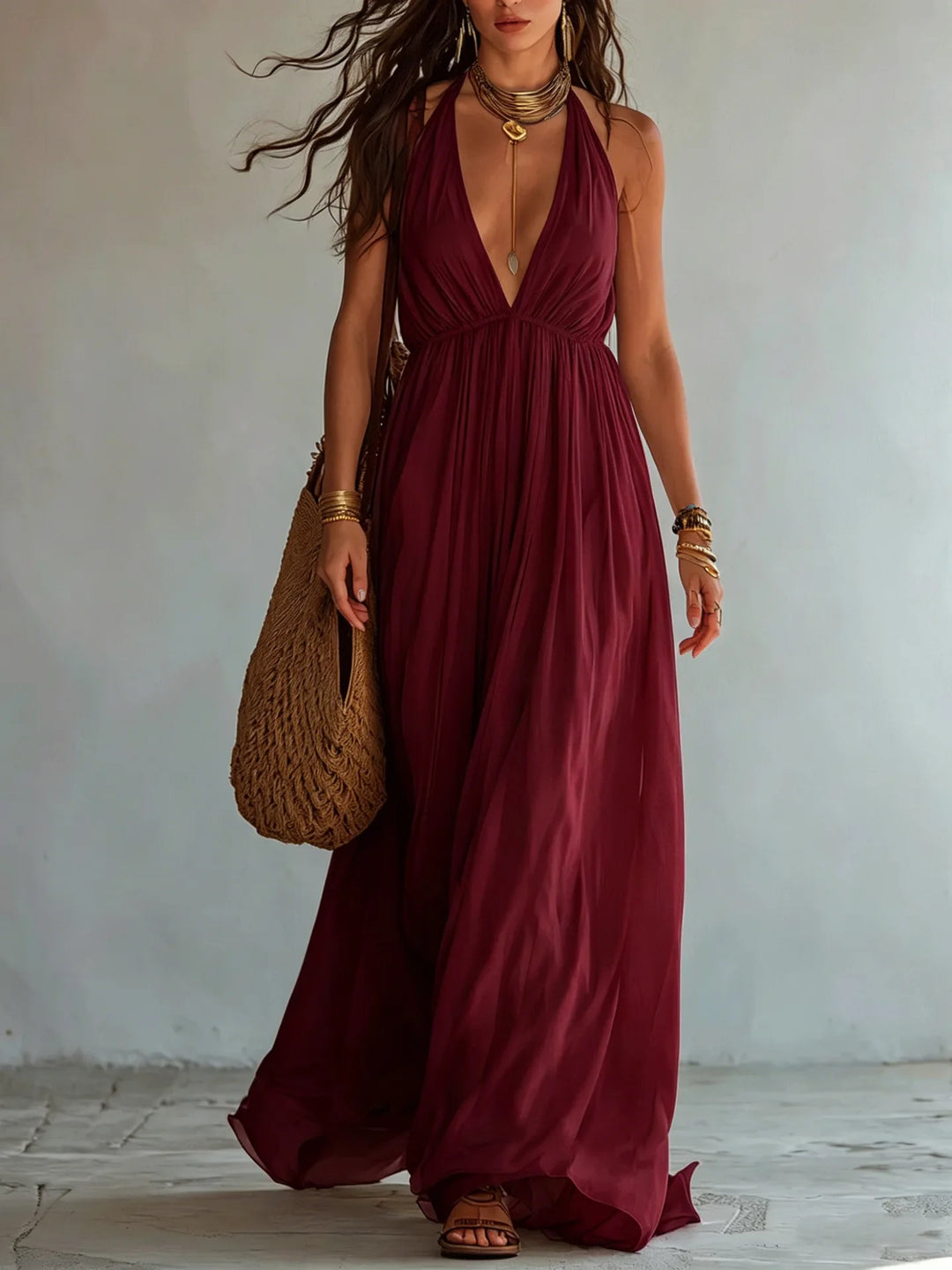 Evelina Deep V Neck Maxi Dress