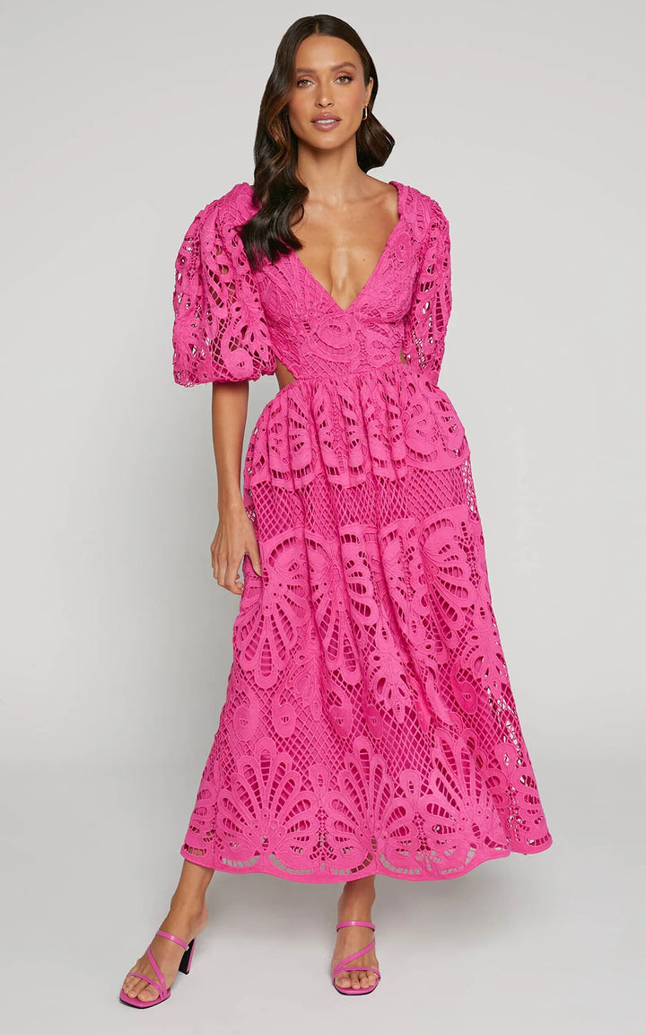Vera Puff Sleeve Embroidered Lace Midi Dress
