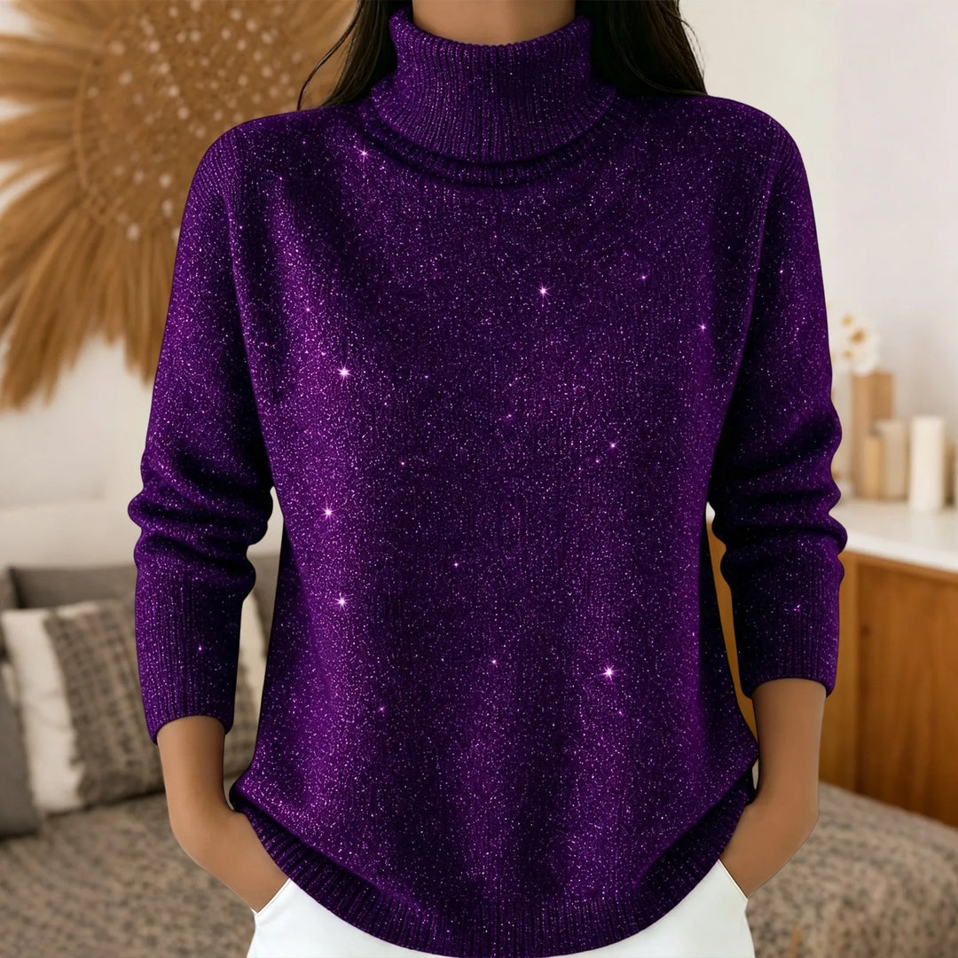 Woman wearing purple sparkle knit turtleneck sweater