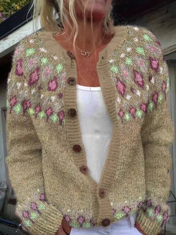 Khaki knit cardigan with floral patterned yoke