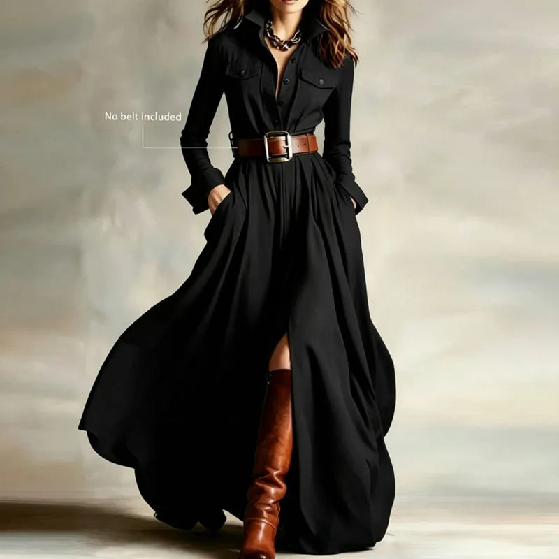 Model wearing black maxi shirt dress with belt and knee-high boots, full length