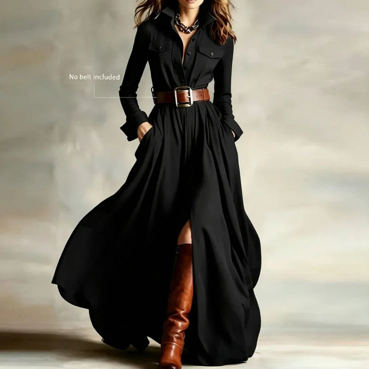 Model wearing black maxi shirt dress with belt and knee-high boots, full length