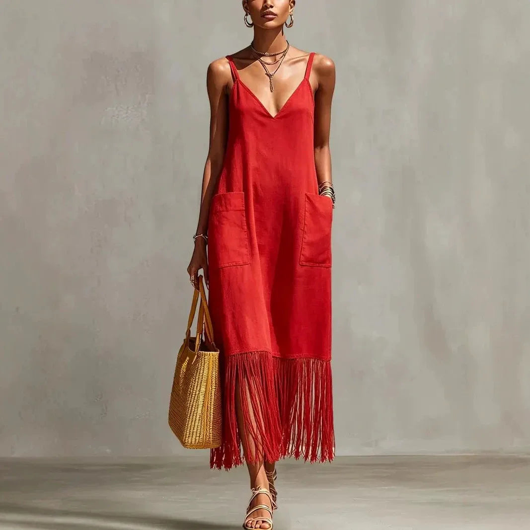 Aveline Tassel Hem V Neck Midi Dress
