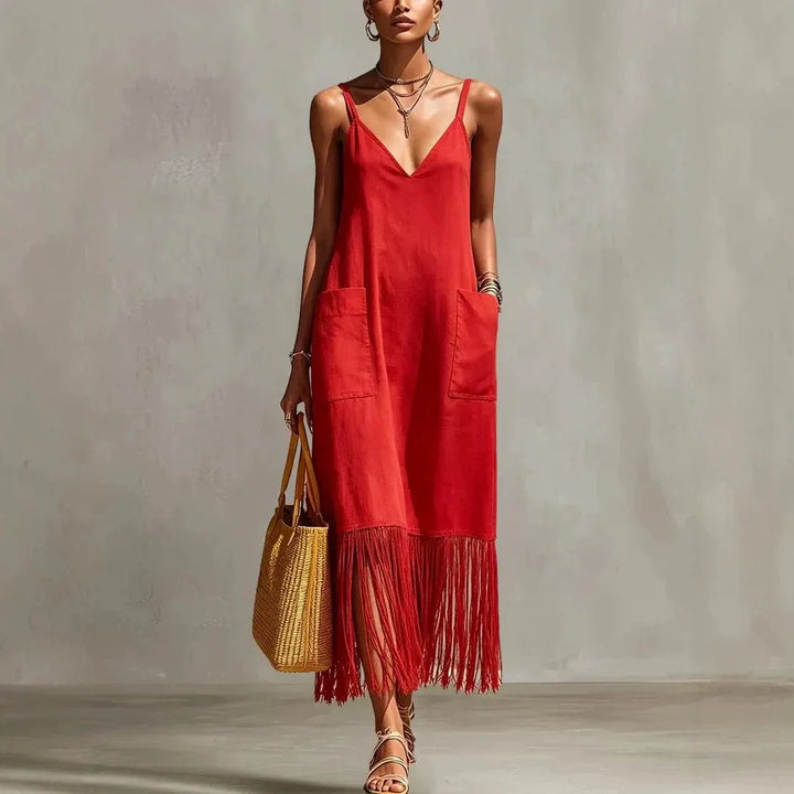 Aveline Tassel Hem V Neck Midi Dress