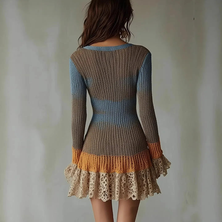 Back view of color-blocked ribbed knit mini dress with crochet lace hem